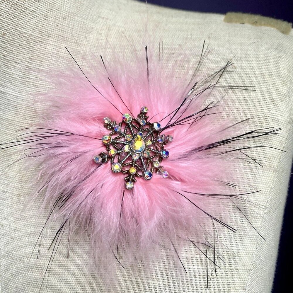Pink Plume Marabou Feather Gem Brooch Lapel Aurora Borealis Pin Rhinestone